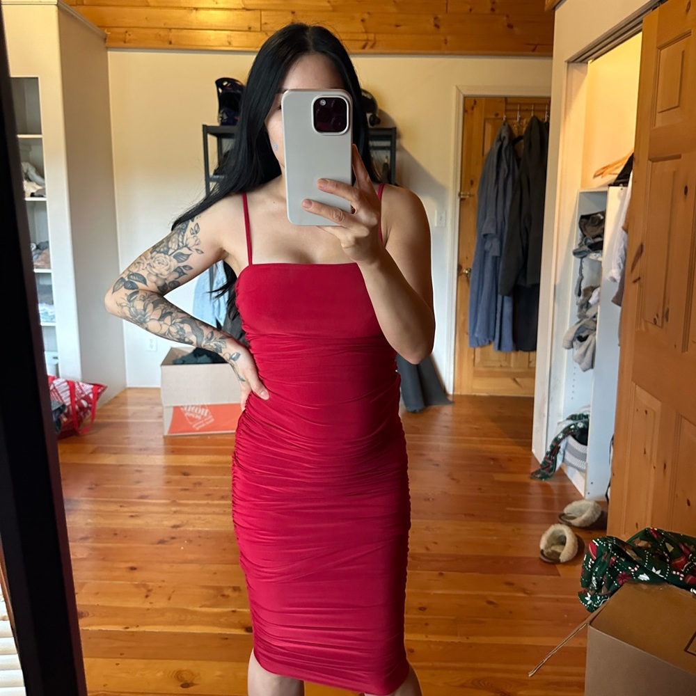 Naked Wardrobe ruched red midi dress